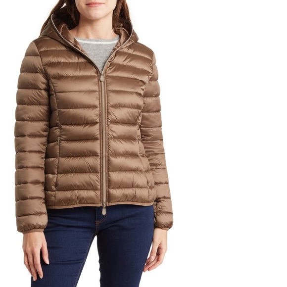 Save The Duck Alexis Water-Resistant Hooded Puffer Jacket In Coffee Brown - NWT - Picture 1 of 16